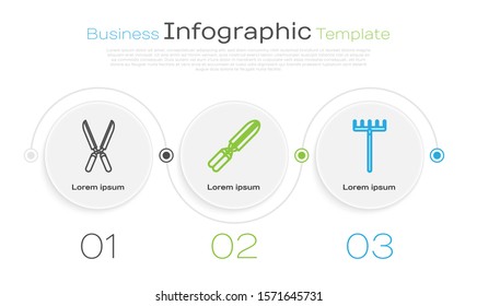 Set line Gardening handmade scissors for trimming, Gardening handmade scissors for trimming and Garden rake. Business infographic template. Vector
