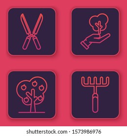 Set line Gardening handmade scissors for trimming, Tree with apple, Tree in hand of environmental protection and Garden rake. Blue square button. Vector