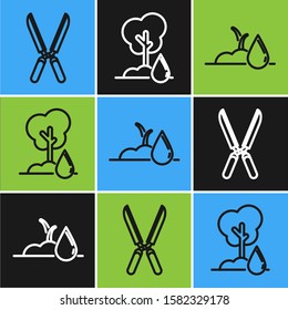Set line Gardening handmade scissors for trimming, Watering sprout and Watering Tree icon. Vector