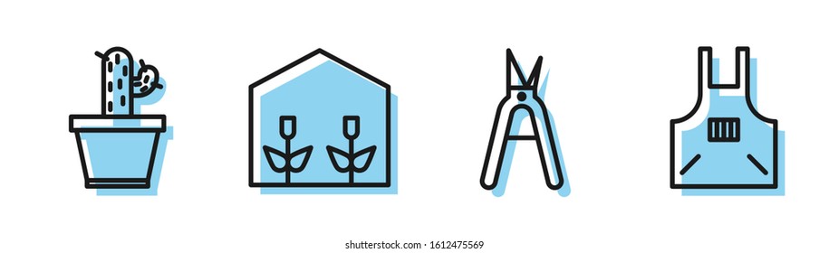 Set line Gardening handmade scissors, Cactus and succulent in pot, Home greenhouse and plants and Kitchen apron icon. Vector