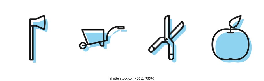 Set line Gardening handmade scissors, Wooden axe, Wheelbarrow and Apple icon. Vector