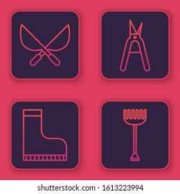 Set line Gardening handmade scissors, Waterproof rubber boot, Gardening handmade scissors and Garden rake. Blue square button. Vector