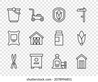 Set line Gardening handmade scissors, Wooden outdoor toilet, Shield corn, Hive for bees, Bucket, Farm house, Full sack wooden box and Corn icon. Vector