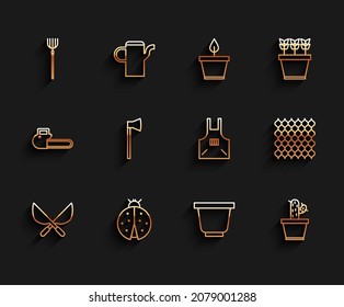 Fijar la línea Gardening tijeras hechas a mano, Ladybug, horquilla de cocina, maceta de flores, Cactus succulent, hacha de madera, cerco de madera e icono del delantal de cocina. Vector