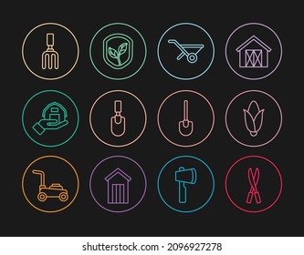 Set line Gardening handmade scissors, Corn, Wheelbarrow, trowel spade shovel, Farm house, rake, Shovel and Shield with leaf icon. Vector