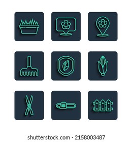 Set line Gardening handmade scissors, Chainsaw, fence wooden, Location with flower, Shield leaf, rake, Fresh grass rectangular and Corn icon. Vector