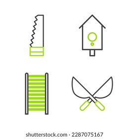 Fija la línea Gardening tijeras hechas a mano, Escalera de madera, Mapa de retro y icono de la sierra. Vector
