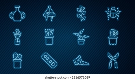 Set-Linie Gartenschere handgefertigt, Kaktus Pfeffertopf, Ivy-Zweig, Pflanze, Blumenglasflasche, Vase und hängende Ikone. Vektorgrafik