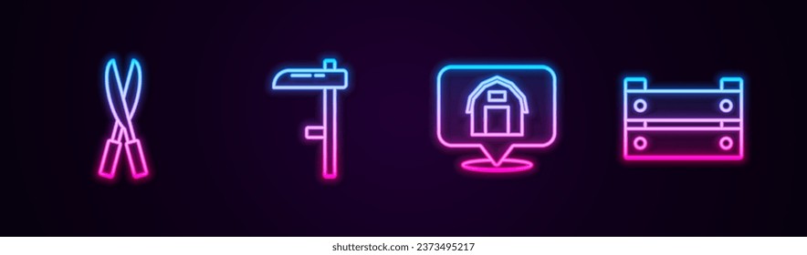 Set line Gardening handmade scissors, Scythe, Location farm house and Wooden box. Glowing neon icon. Vector