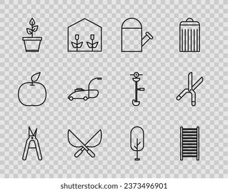 Set line Gardening handmade scissors, Wooden staircase, Watering can, Plant pot, Lawn mower, Tree and  icon. Vector