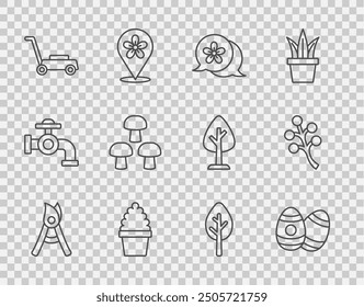 Set line Gardening handmade scissors, Easter egg, Flower, Cactus peyote pot, Lawn mower, Mushroom, Forest and Blossom tree branch icon. Vector