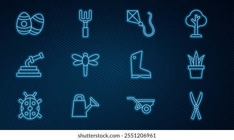 Set line Gardening handmade scissors, Plant pot, Kite, Dragonfly, hose, Easter egg, Rubber gloves and rake icon. Vector