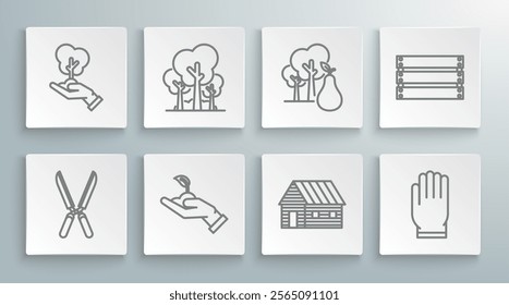 Set line Gardening handmade scissors for trimming, Trees, Sprout of environmental protection, Farm house, gloves, with pears, Wooden box and  icon. Vector