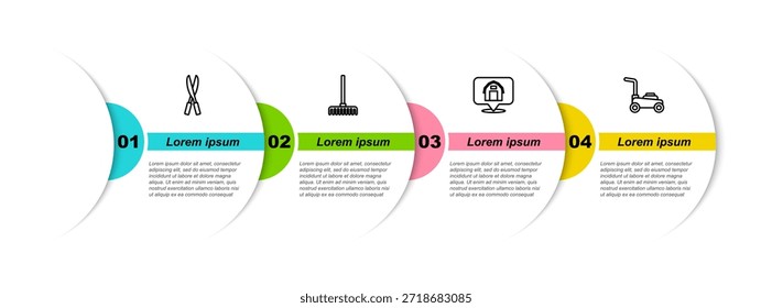 Set line Gardening handmade scissors, rake, Location farm house and Lawn mower. Business infographic template. Vector