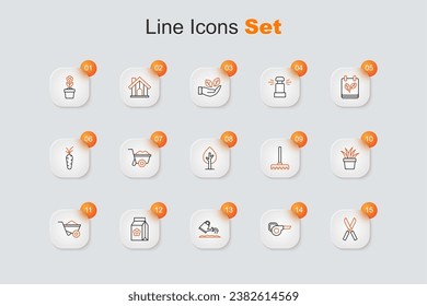 Set line Gardening scissors, Leaf garden blower, Watering can, Pack full of seeds, Wheelbarrow, Plant pot, rake and Tree icon. Vector