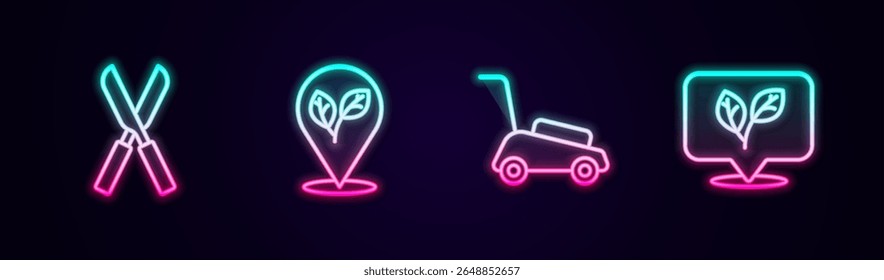 Gartenschere, Lage mit Blatt, Rasenmäher und Blatt. Leuchtendes Neonsymbol. Vektorgrafik