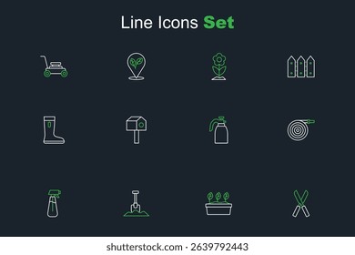 Set line Gardening scissors, Plant pot, Shovel, sprayer for water, hose, Bird house and Waterproof rubber boot icon. Vector