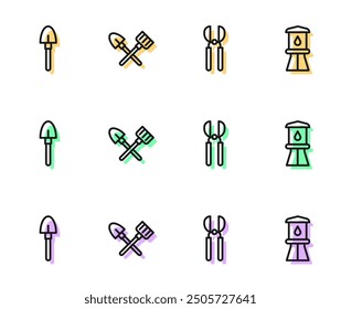 Set line Gardening scissors, Shovel, and rake and Water tower icon. Vector