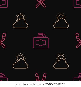 Set line Gardening scissors, Sun and cloud weather and Cardboard box of wine on seamless pattern. Vector