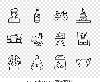 Set line Gargoyle on pedestal, Croissant, Bicycle, Handbag, French man, Rooster weather vane, package and  icon. Vector