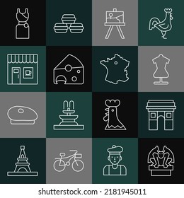 Set line Gargoyle on pedestal, Triumphal Arch, Mannequin, Easel or painting art boards, Cheese, Coffee shop, Woman dress and Map France icon. Vector