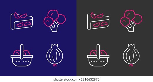 Set line Garlic, Basket and food, Broccoli and Homemade fruit pie icon. Vector