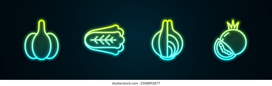Set line Garlic, Cabbage, Onion and Tomato. Glowing neon icon. Vector