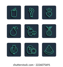 Set line Garlic, Coconut, Watermelon, Turnip, Healthy fruit, Pear, Bell pepper and Pineapple icon. Vector