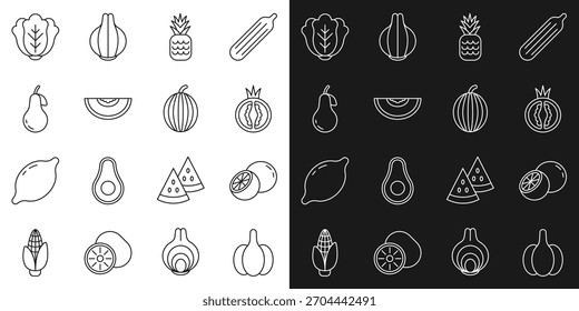 Definir linha Alho, Fruta laranja, Tomate, Ananás, Melão, Pera, Repolho e Melancia ícone. Vetor