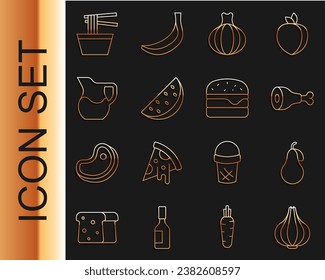 Set line Garlic, Pear, Chicken leg, Onion, Watermelon, Jug glass with milk, Asian noodles in bowl and Burger icon. Vector