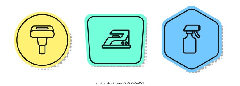 Set line Garment steamer, Electric iron and Water spray bottle. Colored shapes. Vector