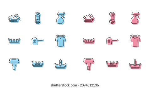 Set line Garment steamer, Temperature wash, Towel stack, Washing powder, Drying clothes,  and Yarn icon. Vector
