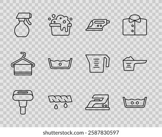 Set line Garment steamer, Temperature wash, Electric iron, Squeeze clothes, Water spray bottle,  and Washing powder icon. Vector