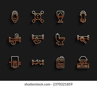 Fijar línea Caldera de gas, tubería rota, orina de inodoro o pissoir, botella de limpieza de drenaje, tuberías de suministro de agua, icono de industria metálico y tazón. Vector