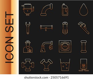 Set line Gas boiler with a burning fire, Pipe adjustable wrench, Container drain cleaner, Broken leaking water, Wrench spanner, Electric for heating and Water filter icon. Vector