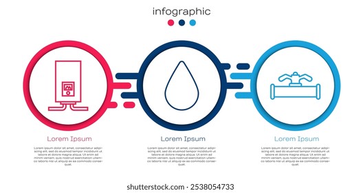 Set line Caldeira de gás com um fogo em chamas, gota de água e tubo e válvula da indústria. Modelo de infográfico comercial. Vetor