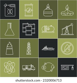 Set line Gas filling station, No oil drop, Oil pump or pump jack, Alcohol spirit burner, Barrel, petrol test tube, Canister for motor machine and industrial factory building icon. Vector