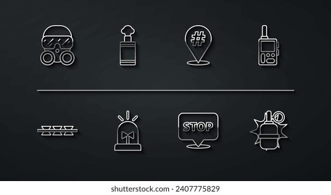 Set-line Gasmaske, Stacheldraht, Walkie Talkie, Protest, Flasher Sirene, Handgranate und Icon. Vektorgrafik