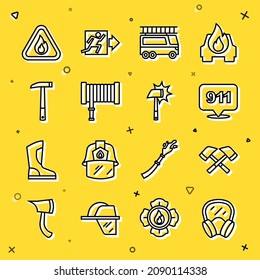Set line Gas mask, Firefighter axe, Emergency call 911, truck, hose reel, flame in triangle and  icon. Vector