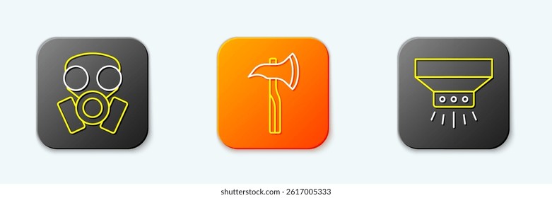 Set line Gas mask, Firefighter axe and sprinkler system icon. Vector
