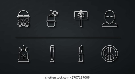 Máscara de gas, sirena de destello, vándalo, cuchillo militar, bastón de goma de la policía, granada de mano, paz e icono. Vector