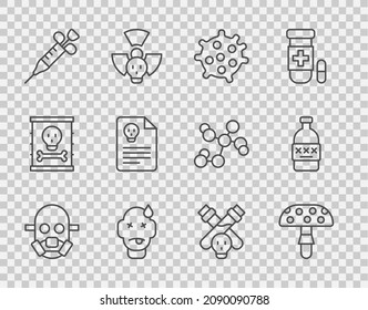 Set line Gas mask, Fly agaric mushroom, Bacteria, Man poisoning, Syringe, Radiation warning document, Bottle with potion and Poisoned alcohol icon. Vector