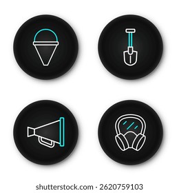 Set line Gas mask, Megaphone, Fire shovel and cone bucket icon. Vector