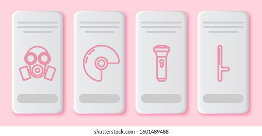 Set line Gas mask , Military helmet , Flashlight  and Police rubber baton . White rectangle button. Vector