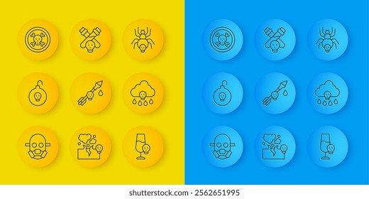 Set line Gas mask, Nuclear bomb, Poison on the arrow, Poisoned alcohol, Acid rain, Bones and skull, Poisonous spider and Bottle with potion icon. Vector