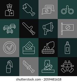 Set line Gas mask, Paint spray can, Protest, Speech bubble chat, Police rubber baton, Traffic jam, officer and Megaphone icon. Vector