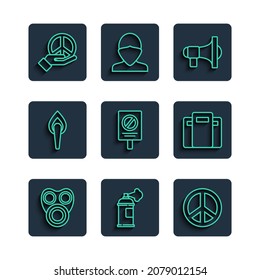Set line Gas mask, Paint spray can, Peace, Megaphone, Protest, Torch flame,  and Police assault shield icon. Vector
