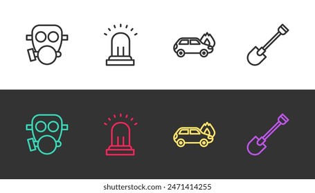 Set line Gas mask, Ringing alarm bell, Burning car and Fire shovel on black and white. Vector
