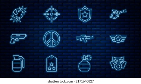 Set line Gas mask, Star American military, Police badge, Peace, Pistol or gun, Bomb explosive planet earth, M16A1 rifle and Target sport icon. Vector
