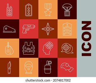 Fijar la línea Máscara de gas, Deporte objetivo, Chevron, Medalla de recompensa militar, pistola de Pistol, boina, Walkie talkie e ícono japonés ninja shuriken. Vector